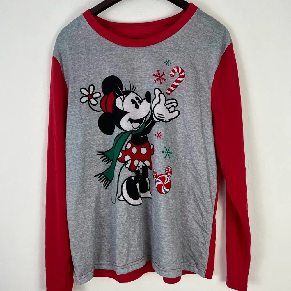 Disney Minnie Mouse Long Sleeve Top Gray Red X-mas Size Large - Picture 2 of 6